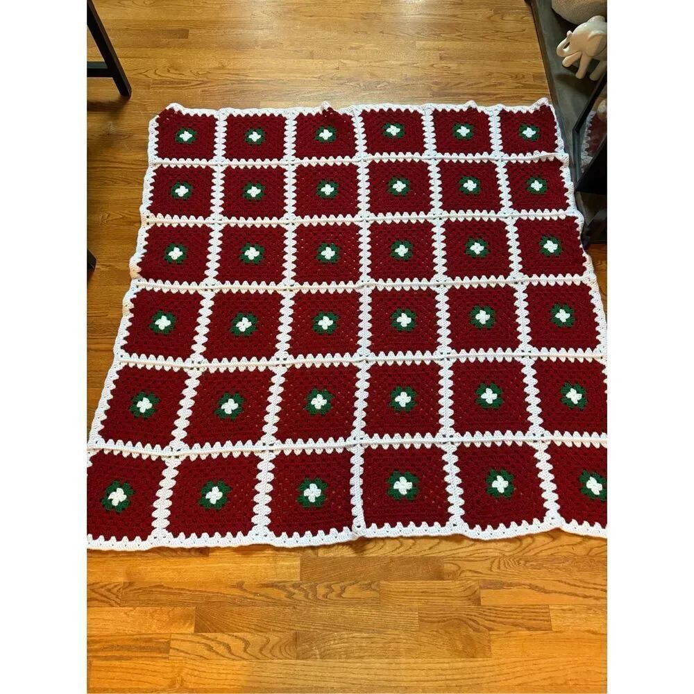 Handmade Red Green & White Christmas Colors Granny Square Crochet Throw Blanket